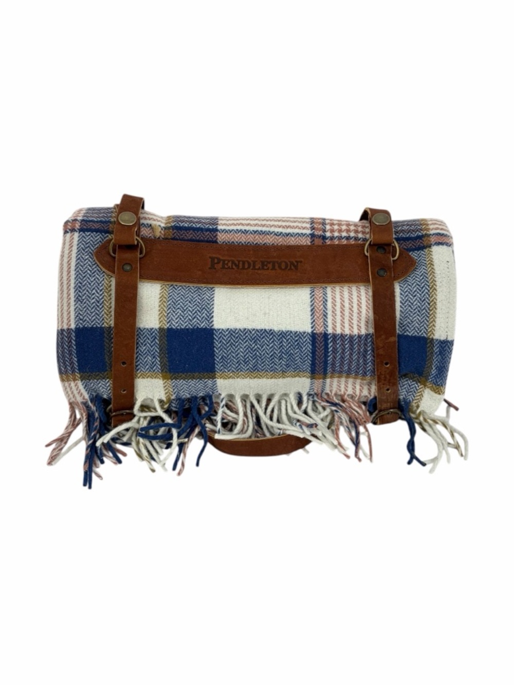 Pendleton Blue Cream Plaid Wool Travel Blanket Bag with Leather Straps